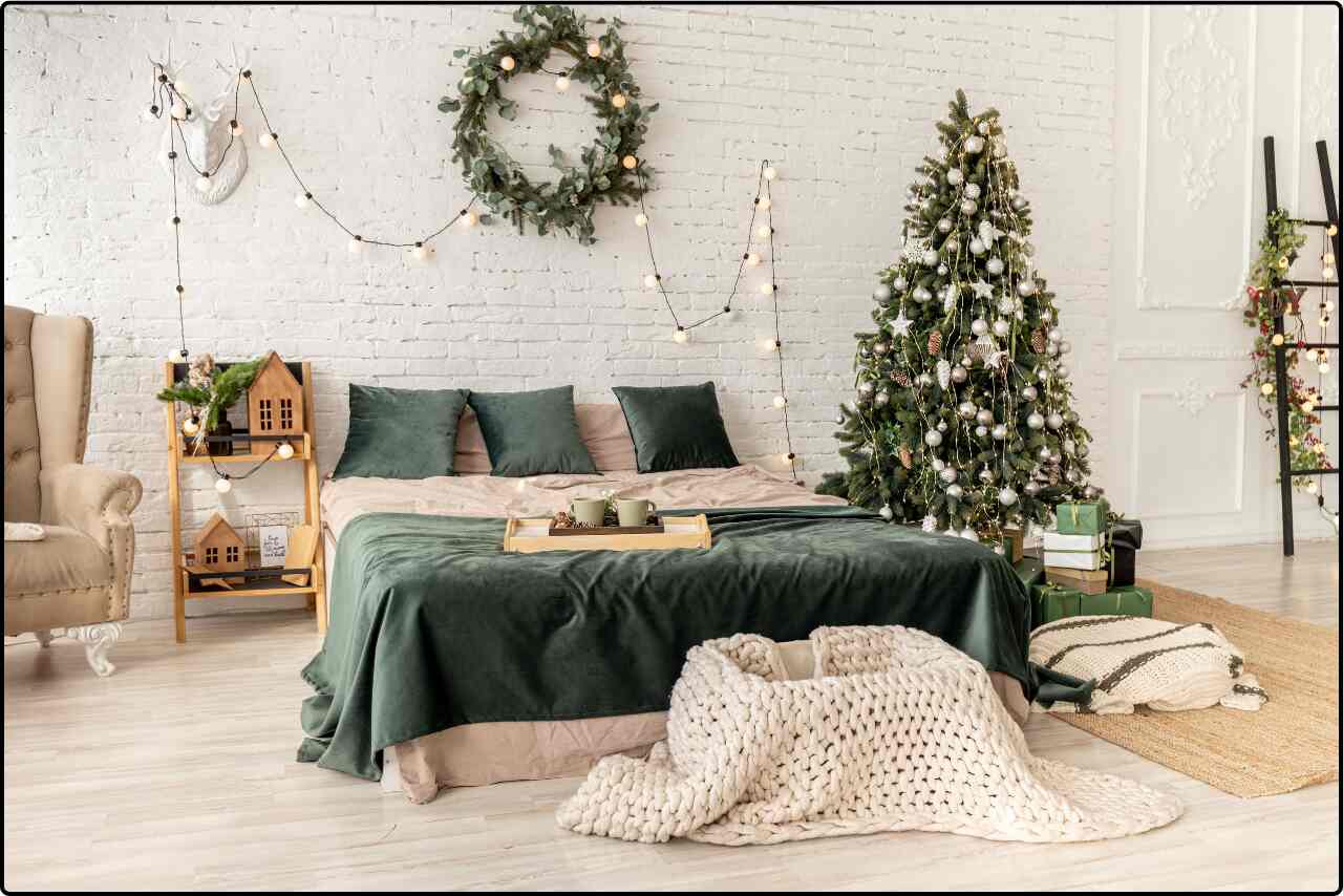 Bedroom decorated for Christmas with festive ornaments, a wreath, and fairy lights.